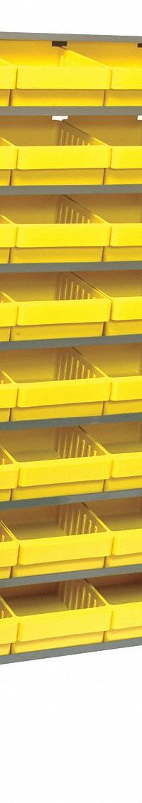 QUANTUM STORAGE SYSTEMS Pick Rack: 36 in x 12 in x 60 in, 1 Usable Sides, 8 Shelves, 32 Bins, Yellow (MPN QPRS-701YL). Key specifications — Bin HxWxD: (32) 4-5/8 in x 8-3/8 in x 11-5/8 in; Frame Material: Steel; Frame Color: Silver; Bin Color: Yellow; Brand: QUANTUM STORAGE SYSTEMS.