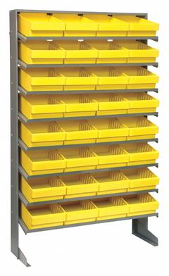 QUANTUM STORAGE SYSTEMS Pick Rack: 36 in x 12 in x 60 in, 1 Usable Sides, 8 Shelves, 32 Bins, Yellow (MPN QPRS-701YL). Key specifications — Bin HxWxD: (32) 4-5/8 in x 8-3/8 in x 11-5/8 in; Frame Material: Steel; Frame Color: Silver; Bin Color: Yellow; Brand: QUANTUM STORAGE SYSTEMS.