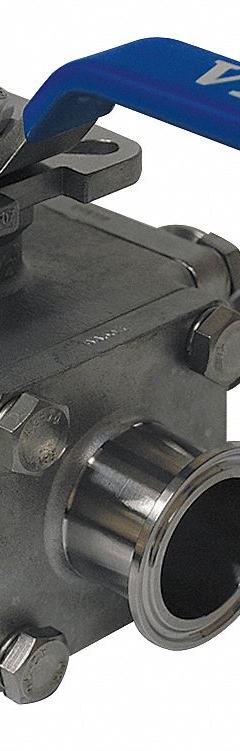 VNE Manual Three-Way Ball Valve: 3 in, 316 Stainless Steel, L Flow, 600 psi Max. Pressure (CWP) (MPN EG93CCC-63.0). Key specifications — Brand: VNE; Inlet Connection Entry: Side; Average Surface Roughness (Ra): 20 micron; Handle: Locking Lever.