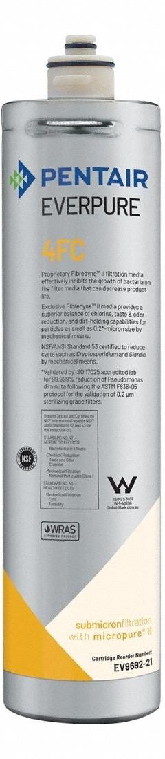 EVERPURE Quick-Connect Water Filter: 0.2 micron, 2.5 gpm, 15,000 gal, 14 1/2 in Overall Ht (MPN EV969221). Key specifications — Filter Media: Carbon; Reduces: Chlorine Taste; Brand: EVERPURE.