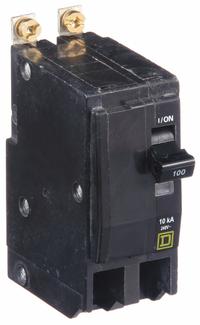SQUARE D Miniature Circuit Breaker: 100 A, 120/240V AC, Single Phase, 10kA at 120/240V AC, 2 Poles (MPN QOB2100H). Key specifications — Phase: Single; Amps: 100 A; AC Voltage Rating: 120/240V AC; Max. AIR Rating: 10kA at 120/240V AC; For Use With: Square D NQOD Panelboards; Brand: SQUARE D.