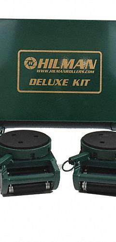 HILMAN ROLLERS Machine Roller Kit: 24,000 lb, 5 1/4 in Deck Ht, 5 7/8 in L x 5 7/8 in W, (4) Rollers (MPN KNRS-12-SLP). Key specifications — Top Plate Surface: Rubber Padded; Includes: (2) Handles; Brand: HILMAN ROLLERS; Color: Black.