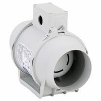 In-Line Duct Fan: 101 cfm Max., 4 in Duct, 26 W, 120V AC, 1 Ph, IP44, Thermoplastic (MPN KIT-TD100). Key specifications — Includes: (1) Intake Grill; Brand: SOLER & PALAU; Speed Controllable: Yes; High-Efficiency Motor: No; Housing Material: Thermoplastic; Nameplate Voltage: 120V AC; Number of Speeds: 1; Airflow @ 0.000 in SP - Range: 0 to 249 cfm.