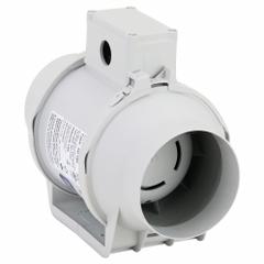 In-Line Duct Fan: 101 cfm Max., 4 in Duct, 26 W, 120V AC, 1 Ph, IP44, Thermoplastic (MPN KIT-TD100). Key specifications — Includes: (1) Intake Grill; Brand: SOLER & PALAU; Speed Controllable: Yes; High-Efficiency Motor: No; Housing Material: Thermoplastic; Nameplate Voltage: 120V AC; Number of Speeds: 1; Airflow @ 0.000 in SP - Range: 0 to 249 cfm.