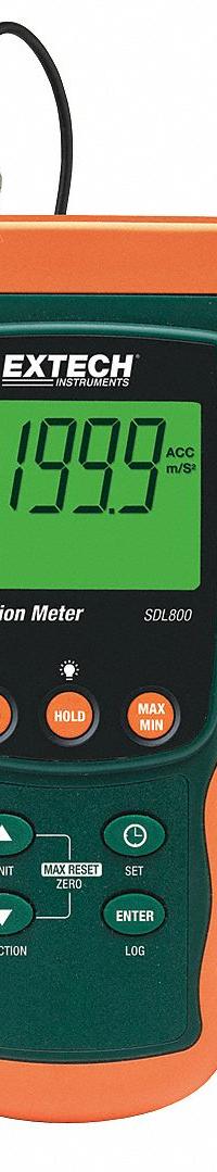 EXTECH Vibration Meter: Vibration, 10 Hz to 1 kHz, 7.87 in/sec Max Velocity Measured, LCD (MPN SDL800-NIST). Key specifications — Brand: EXTECH; Accuracy: +/-5% + 2 Digits; Includes: SD Card; Digital Display Screen Type: LCD; Frequency Ranges: 10 Hz to 1 kHz; Certificate of Calibration: Not Included.