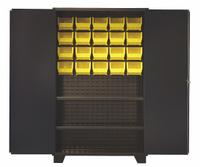JAMCO Bin Cabinet: 36 in x 24 in 78 in, 2 Shelves, 20 Bins, Yellow, Solid, 14 ga Panel, Black, Solid (MPN HY248BL). Key specifications — Bin Color: Yellow; Bin HxWxD: (20) 7 in x 8-1/4 in x 11 in; Assembled: Assembled; Cabinet Style: Shelf and Bin; Brand: JAMCO; Cabinet Color: Black; Cabinet Finish: Powder Coated; Cabinet Material: Steel.