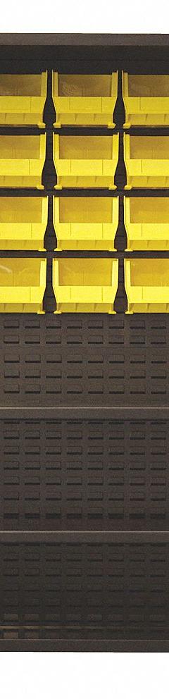 JAMCO Bin Cabinet: 36 in x 24 in 78 in, 2 Shelves, 20 Bins, Yellow, Solid, 14 ga Panel, Black, Solid (MPN HY248BL). Key specifications — Bin Color: Yellow; Bin HxWxD: (20) 7 in x 8-1/4 in x 11 in; Assembled: Assembled; Cabinet Style: Shelf and Bin; Brand: JAMCO; Cabinet Color: Black; Cabinet Finish: Powder Coated; Cabinet Material: Steel.