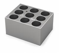 IKA Dry Block: Anodized Aluminum, 3 3/4 in Overall Wd, 3 in Overall Lg, 9 Wells, 21 3/4 mm Well Dia (MPN 4469900). Key specifications — Product Type: Dry Block Heater; Includes Thermometer Well: Yes; Material: Anodized Aluminum; Brand: IKA.