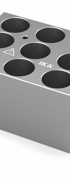 IKA Dry Block: Anodized Aluminum, 3 3/4 in Overall Wd, 3 in Overall Lg, 9 Wells, 21 3/4 mm Well Dia (MPN 4469900). Key specifications — Product Type: Dry Block Heater; Includes Thermometer Well: Yes; Material: Anodized Aluminum; Brand: IKA.