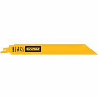 DEWALT Reciprocating Saw Blade: 18 Teeth per Inch, 9 in Blade Lg, 1 in Blade Thick, Bi-Metal, 5 PK (MPN DWAR9118). Key specifications — attr1109198: 18; attr1109200: Rigid for Straight Cuts; attr1109201: Straight; attr1109209: DEWALT.