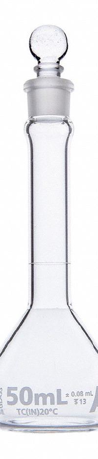 GLOBE SCIENTIFIC Volumetric Flask: 50 mL, Colorless, A, 0.08 mL, Includes Closure, 130 mm Overall Ht (MPN 8230050). Key specifications — Tolerance: 0.08 mL; Body Color: Colorless; Brand: GLOBE SCIENTIFIC; Compatible with Stopper Size: 13; USP Specification: Type I.