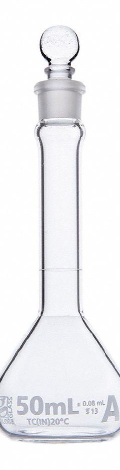 GLOBE SCIENTIFIC Volumetric Flask: 50 mL, Colorless, A, 0.08 mL, Includes Closure, 130 mm Overall Ht (MPN 8230050). Key specifications — Tolerance: 0.08 mL; Body Color: Colorless; Brand: GLOBE SCIENTIFIC; Compatible with Stopper Size: 13; USP Specification: Type I.