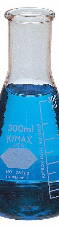 KIMBLE Erlenmeyer Flask: 1 L, Colorless, Conical, A, 0 Compatible with Stopper Size (MPN 26500-1000). Key specifications — Shape: Conical; Body Color: Colorless; Brand: KIMBLE; Compatible with Stopper Size: 0; USP Specification: Type I.