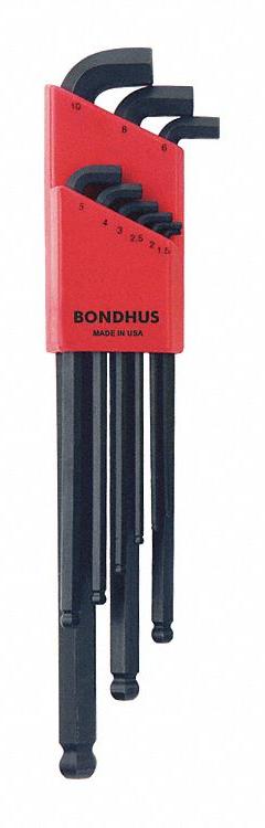 BONDHUS Hex Key Set: 6 - 10 Pieces, L, Metric, Single Ball End, Long, 9 Pieces, Black Oxide, 1 Tips (MPN 16599). Key specifications — attr1205553: Not Tether Capable; attr1205554: BONDHUS; attr1205568: Black Oxide; attr1293176: 6 - 10 Pieces.