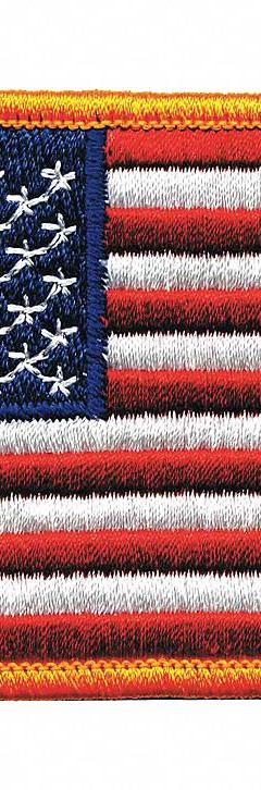 HEROS PRIDE Embroidered Patch: U.S. Flag, 4 in x 2 1/2 in, Gold, Plastic, Sew-On, Flag (MPN 7362). Key specifications — attr1074238: Sew-On; attr188498: 4 in x 2-1/2 in; attr188499: Gold; attr188500: Plastic; attr188503: U.S. Flag; attr193746: HEROS PRIDE.