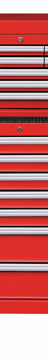 WESTWARD Tool Chest and Cabinet Combination: 16 Drawers, Light Duty, Keyed, Red / Powder Coated (MPN 7CX86). Key specifications — attr1116680: Red; attr1116684: Ball Bearing; attr1116690: WESTWARD; attr1116659: Keyed; attr1116661: Rolling Tool Cabinet 26-3/4 in W x 18 in D x 39-1/2 in H.