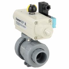 HAYWARD FLOW CONTROL Pneumatically Actuated Two-Way Ball Valve: 1 in, CPVC, Air to Spring (MPN PSSTBH210STVA9). Key specifications — Brand: HAYWARD FLOW CONTROL; Connection Gender - Side 1: Female; Actuator Features: Position Indicator; Actuator Operation: Air to Spring; Actuator Series: PSS; Connection Gender - Side 2: Female; Connection Type - Side 1: True-Union Socket/True-Union NPT; Connection Type - Side 2: True-Union Socket/True-Union NPT.