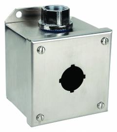SCHNEIDER ELECTRIC Push Button Enclosure: 30mm, 1 Holes, 304 Stainless Steel, NEMA 1/12/3/4/4X (MPN 9001KYSS1). Key specifications — attr211299: SCHNEIDER; attr1043605: Indoor Dust & Water Droplets.