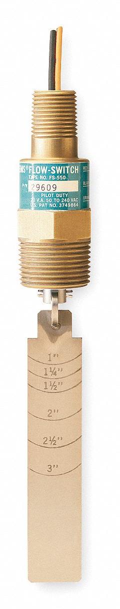 GEMS SENSORS Liquid Flow Switch: Paddle, 1 1/2 in For Pipe Size, Brass, 1 in NPT, NPT, SPDT, 20 V (MPN FS-550, 29609). Key specifications — Brand: GEMS SENSORS; Contact Rating (DC): 20 V; For Pipe Size: 1-1/2 in; Hazardous Location Rating: Class I, Div 2, Group A, B, C, D.