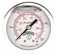 WINTERS Panel-Mount Pressure Gauge: Front Flange, 0 psi to 100 psi, 2 in Dial, 1/4 in NPT Male, PFQ (MPN PFQ2489-DRY-2FF). Key specifications — Accuracy: ±2.5%; Brand: WINTERS; Vibration Resistance Properties: Field-Fillable; Gauge Wetted Parts: Brass / Bronze.