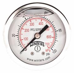 WINTERS Panel-Mount Pressure Gauge: Front Flange, 0 psi to 100 psi, 2 in Dial, 1/4 in NPT Male, PFQ (MPN PFQ2489-DRY-2FF). Key specifications — Accuracy: ±2.5%; Brand: WINTERS; Vibration Resistance Properties: Field-Fillable; Gauge Wetted Parts: Brass / Bronze.