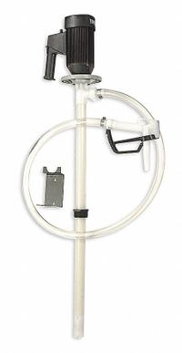 DAYTON Electric Drum Pump: Pump with Hose & Nozzle, 1 1/10 hp HP, 110 V AC, 15 gpm, PVDF, PVDF (MPN 1DLR1). Key specifications — Brand: DAYTON; Suction Tube Material: PVDF.