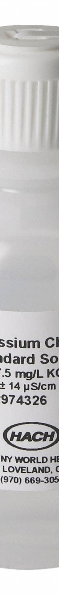 HACH Conductivity Standard Solution: 50 mL Volume, Liquid, 1,412 µS/cm, Bottle, Solution, 2974326, 1. Key specifications — Brand: HACH; Chemical Family Type: Solution; Concentration: 1,412 µS/cm; Container Type: Bottle; Form: Liquid; Manufacturer Part Number: 2974326; Product Type: Conductivity Standard Solution.