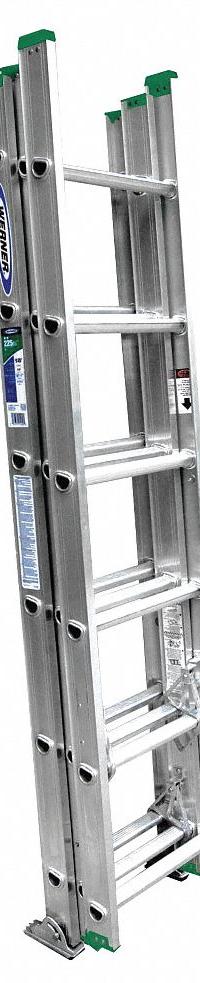 WERNER Extension Ladder: 16 ft Ladder Size, Aluminum, 225 lb Load Capacity, 27 lb Wt, 3 Sections (MPN D1216-3). Key specifications — Color: Silver; Brand: WERNER; Included Features: Rope and Pulley; Removable Fly: Removable.