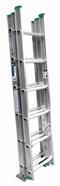 WERNER Extension Ladder: 16 ft Ladder Size, Aluminum, 225 lb Load Capacity, 27 lb Wt, 3 Sections (MPN D1216-3). Key specifications — Color: Silver; Brand: WERNER; Included Features: Rope and Pulley; Removable Fly: Removable.