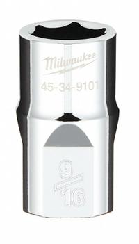 MILWAUKEE Standard Socket: SAE, 1/2 in Drive Size, 9/16 in Socket Size, 6-Point, Std, Chrome (MPN 45-34-9101). Key specifications — attr1204417: MILWAUKEE; attr1204392: Chrome.