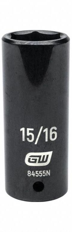 GEARWRENCH General Purpose Impact Sockets: 1/2 in Drive Size, SAE, 15/16 in Socket Size, 6-Point (MPN 84555N). Key specifications — attr1215501: GEARWRENCH; attr1215515: Black Oxide; attr1215518: 15/16 in.