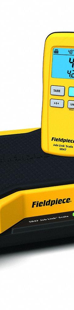 FIELDPIECE Charging Scale: 252 lb Max, Wireless Handset Display, 2 1/4 in H x 13 in W x 13 in L (MPN SR47). Key specifications — Includes: Wireless Remote; Accuracy: ± 0.03%; Brand: FIELDPIECE; Calibration Certificate Type: Traceable without data; For Refrigerant Type: R-447B; Product Type: Charging Scale; Programmable: No.