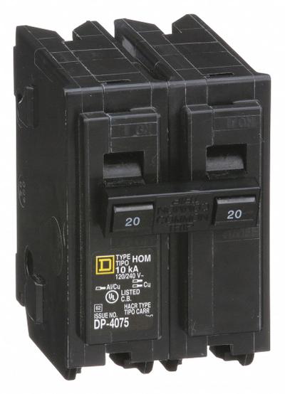 SQUARE D Miniature Circuit Breaker: 20 A, 120/240V AC, Single Phase, 10kA at 120/240V AC - HOM Series, Plug-In Square D Miniature Circuit Breakers