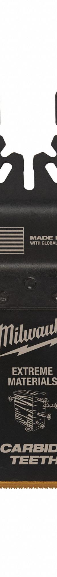 MILWAUKEE Oscillating Tool Blade: 1 3/8 in Blade Wd, 3 9/16 in Overall Lg, Straight Cutting (MPN 49-25-1521). Key specifications — attr1097473: Cement Board; attr1097476: MILWAUKEE; attr1097456: Straight Cutting.