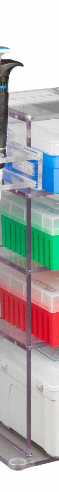 Lab Bench Vertical Organizer: 6 3/4 in Overall Wd, 16 in Overall Ht, 5 3/4 in Overall Lg, PETG (MPN 4VTORG-PIPTRBRK). Key specifications — Material: PETG; Mounting Location: Benchtop; Color: Clear; Product Type: Lab Organizer; Total Holding Capacity: (4) Boxes of Tips; Brand: POLTEX.