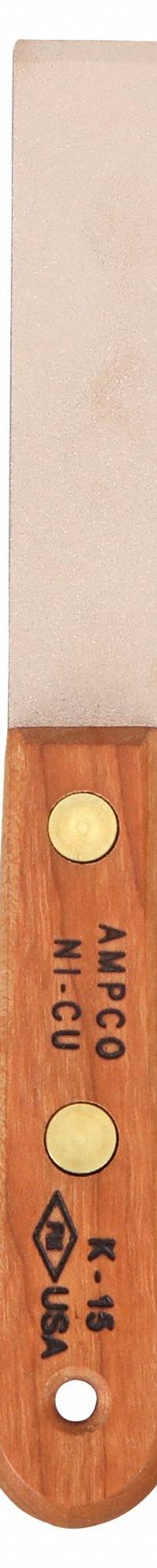AMPCO Putty Knife: Bld. Mat. Copper Nickel, Hdl. Mat. Wood, Stiff, Straight Bld. Shape (MPN K-15). Key specifications — attr1004902: AMPCO; attr1012057: Half; attr1014703: Wood; attr1017570: Standard End; attr1029655: Straight; attr1034073: Bevel/ Offset.