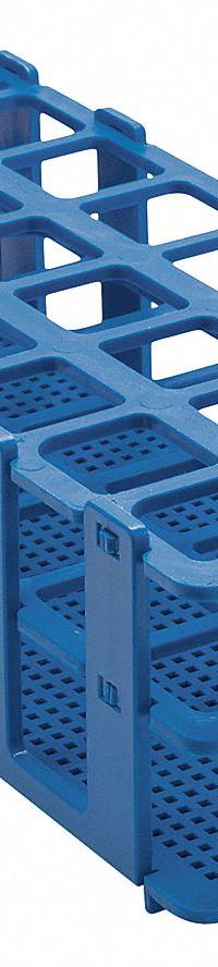 Tube Rack: 4 1/8 in Overall Wd, 2 1/2 in Overall Ht, 9 3/4 in Overall Lg, Polypropylene, Blue (MPN F18747-0003). Key specifications — Material: Polypropylene; Mounting Location: Benchtop; Color: Blue; Product Type: Test Tube Rack; Total Holding Capacity: (24) Places; Brand: SP SCIENCEWARE.