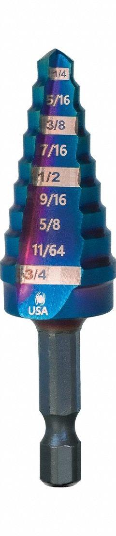 SPYDER Step Drill Bit: 1/4" to 3/4", Black Oxide HSS, Impact Rated, Quick-Change Hex Shank (MPN 19021). Key specifications — attr1234936: Impact Rated.