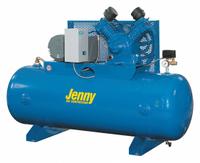 JENNY Electric Air Compressor: 5 hp, 1 Stage, Horizontal, 80 gal, 23 cfm, 125 psi, 240V AC (MPN J5A-80-230/1). Key specifications — attr48430: JENNY; attr48445: 60 Hz; attr48448: Magnetic Starter; attr48450: 240V AC; attr48474: Single; attr48487: Horizontal.
