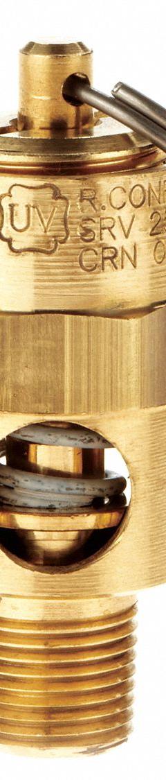 CONRADER Safety Valve: Soft Seat, 1/8 in (M)NPT Inlet (In.), 1/8 in (F)NPT Outlet (In.), Brass (MPN SRV250-18-75-SST). Key specifications — attr291993: Soft Seat; attr291998: Brass; attr292007: Silicone; attr292009: Brass; attr294753: CONRADER.