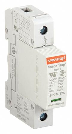 MERSEN Surge Protection Device: Single Phase, 120V AC, 1 Poles, 2 Wires, L-N, 175 V AC, 600V (L-N) (MPN STP120P07). Key specifications — Voltage: 120V AC; Number of Wires: 2 Wires; Modes of Protection: L-N; Max. Continuing Operating Voltage: 175 V AC; Voltage Protection Rating: 600V (L-N); Short Circuit Current Rating: 200kA; Filtering: No; Enclosure Material: Polyethylene Terephthalate.