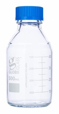 GLOBE SCIENTIFIC Media Bottle: 500 mL, Screw-On, GL45, 176 mm, Colorless, Closure Included, Attached (MPN 8100500). Key specifications — Closure Type: Screw-On; Mouth Size: Wide; Screw Closure Size: GL45; Brand: GLOBE SCIENTIFIC; Body Color: Colorless.