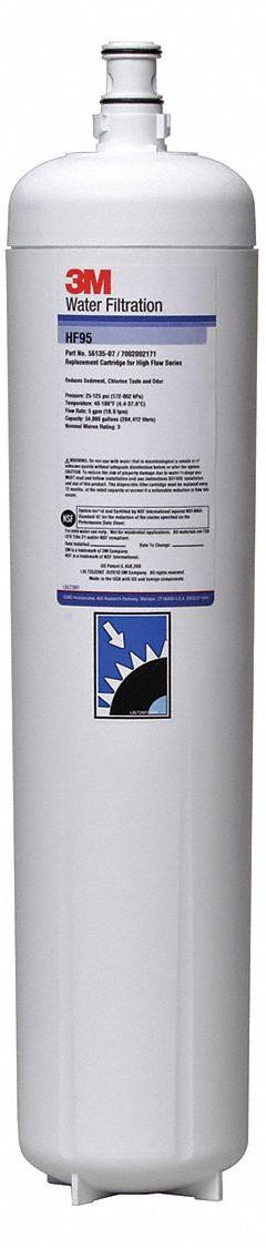 3M Quick-Connect Water Filter: 3 micron, 5 gpm, 54,000 gal, 28 in Overall Ht, 4 1/2 in Overall Dia (MPN 5613507). Key specifications — Filter Media: Pleated Membrane; Reduces: Chlorine Odor; Brand: 3M.