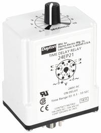DAYTON Single Function Time Delay Relay: Socket Mounted, 240V AC, 10 A, 8 Pins/Terminals, On Delay (MPN 24EP21). Key specifications — Brand: DAYTON.