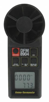 DWYER Anemometer: 1 fpm Air Velocity Resolution, Rotating Vane, Air Velocity/Temp, Under 100 fpm (MPN 8904). Key specifications — Vane Material: Plastic; Data Logging: No; Manufacturer Part Number: 8904; Brand: DWYER; Temperature Accuracy: +/ 1.0°; Display Type: Digital; Includes: Carrying Case; Power Source: Battery.