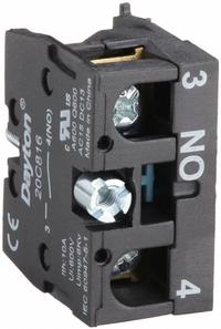 DAYTON Contact Block: 22 mm Panel Mounting Size, 1NO, Momentary, Universal Series, Screw Terminals (MPN 20C816). Key specifications — Switch Action: Momentary; Terminal Connection Type: Screw Terminals; Brand: DAYTON; Compatible with Series: Universal.