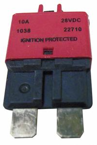 Automotive Circuit Breaker: CB227, 28V DC, 2 kA at 28V DC, Blade (MPN CB227-10). Key specifications — Series: CB227; Voltage: 28V DC; Interrupt Rating: 2 kA at 28V DC; Terminal Connection: Blade; Circuit Breaker Type: Type III ATC Footprint Circuit Breaker; Brand: BUSSMANN.