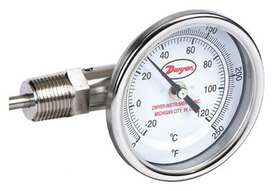 Dwyer Dial Thermometer: 0°F to 250°F /-20°C to 120°C, ±2%Full Scale Accuracy - Side- & Bottom-Mount Fixed-Angle Thread-Mount Dial Thermometers