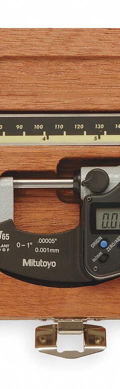 MITUTOYO Precision Measuring Tool Kit: 3 Pieces, Digital Caliper, Digital Outside Micrometer (MPN 64PKA077B). Key specifications — attr1182219: MITUTOYO; attr1182229: Digital Caliper; attr1182230: 0 in to 6 in; attr1182232: 0 in to 1 in; attr1182234: No; attr1182252: 1 in; attr1182253: 25 mm; attr1182254: 0 in.