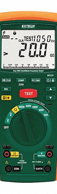 EXTECH Insulation Tester: 50 megaohm to 20 gigohm, CAT IV 600V, IP40, Digital, No Output, 200mA (MPN MG320). Key specifications — IP Rating: IP40; Test Voltage: 2,500V DC; Brand: EXTECH.